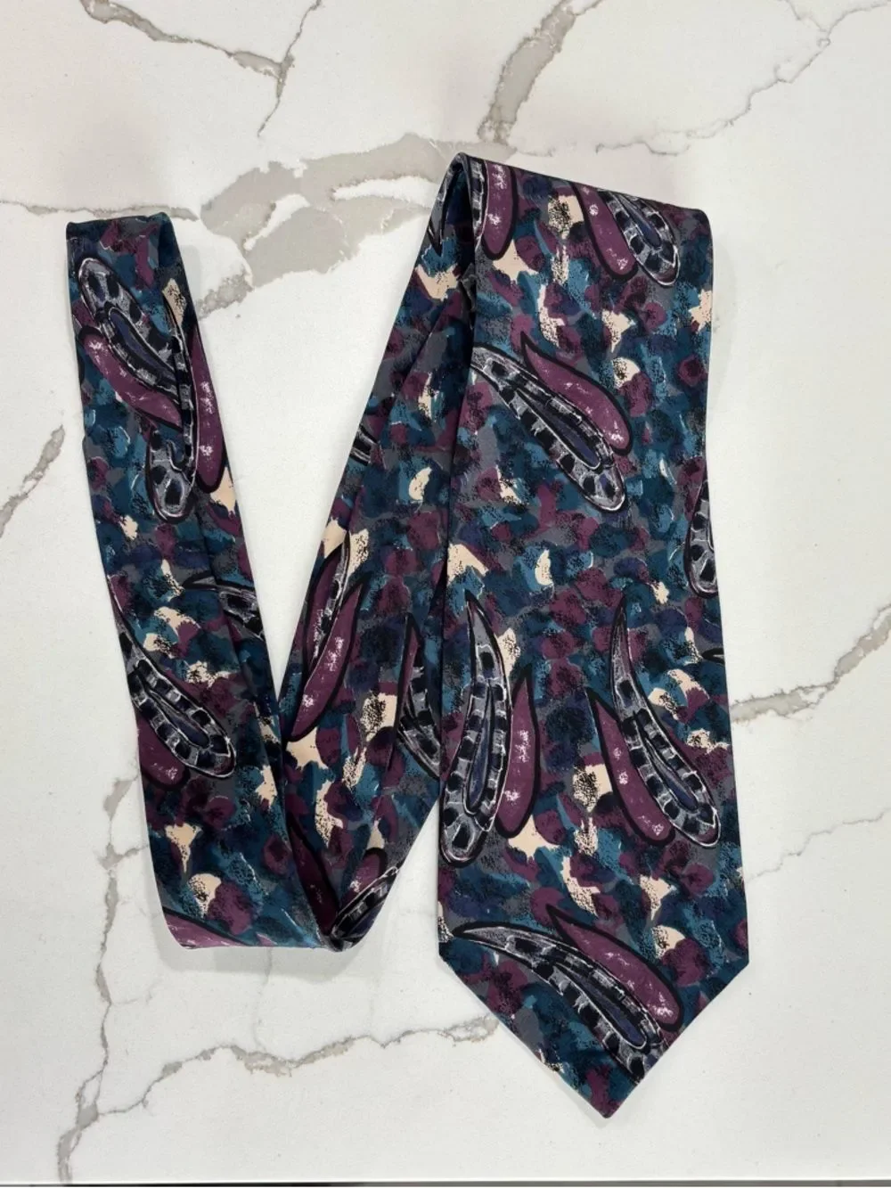 Vintage Kuppenheimer Premier Teal Blue Purple Paisley Abstract Pattern Silk Tie